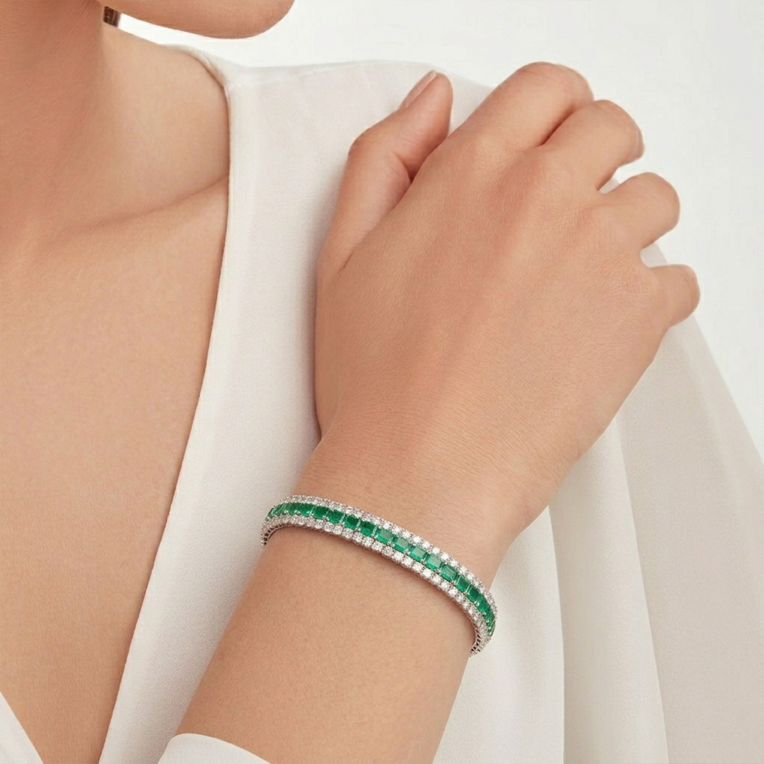 Emerald & Diamond Three-Row Bangle in 18K White Gold - Image 2