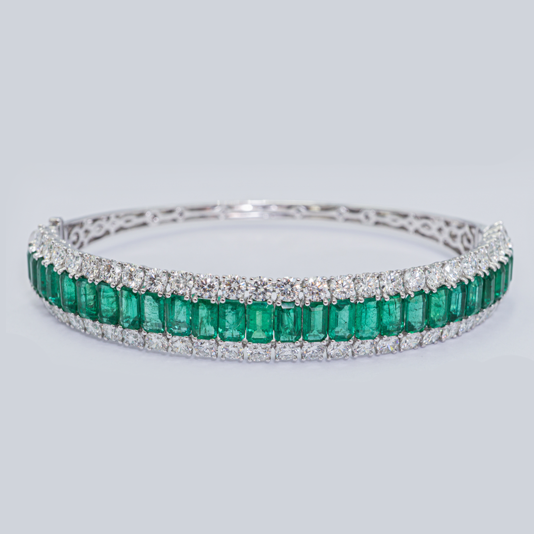 Emerald & Diamond Three-Row Bangle in 18K White Gold