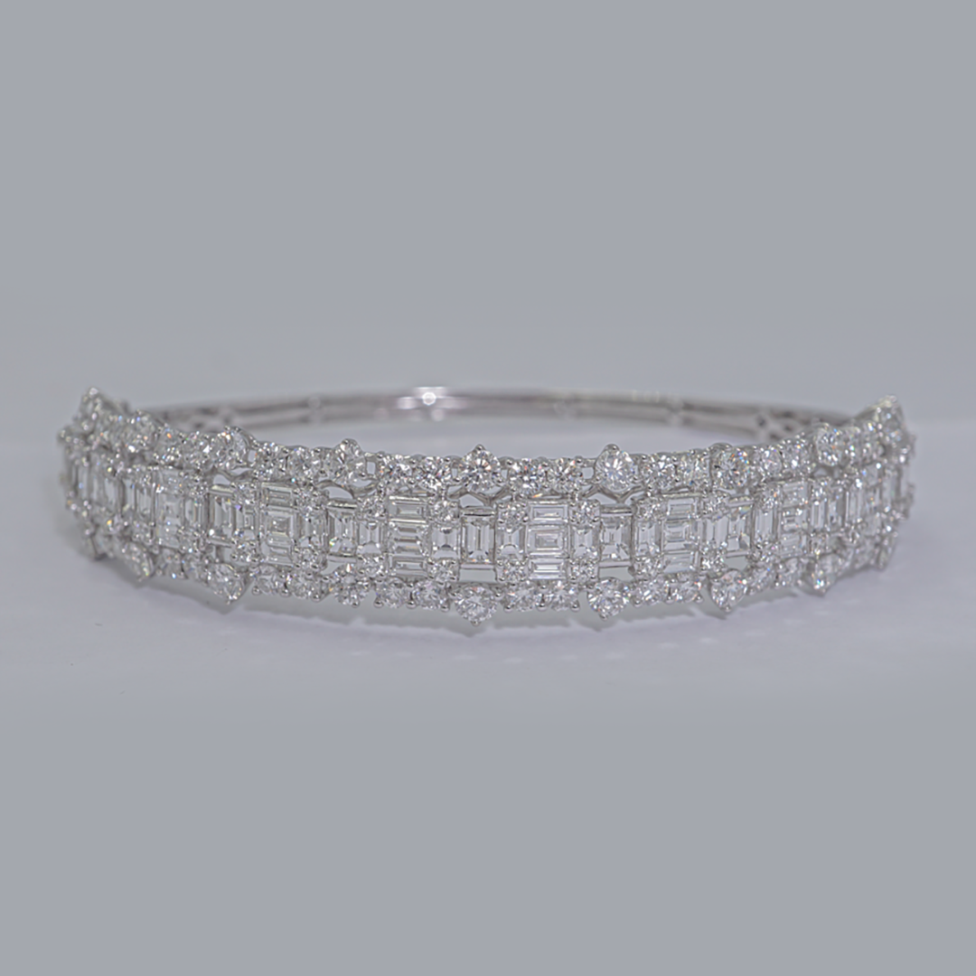 Baguette & Round Diamond Wide Bangle in 18K White Gold