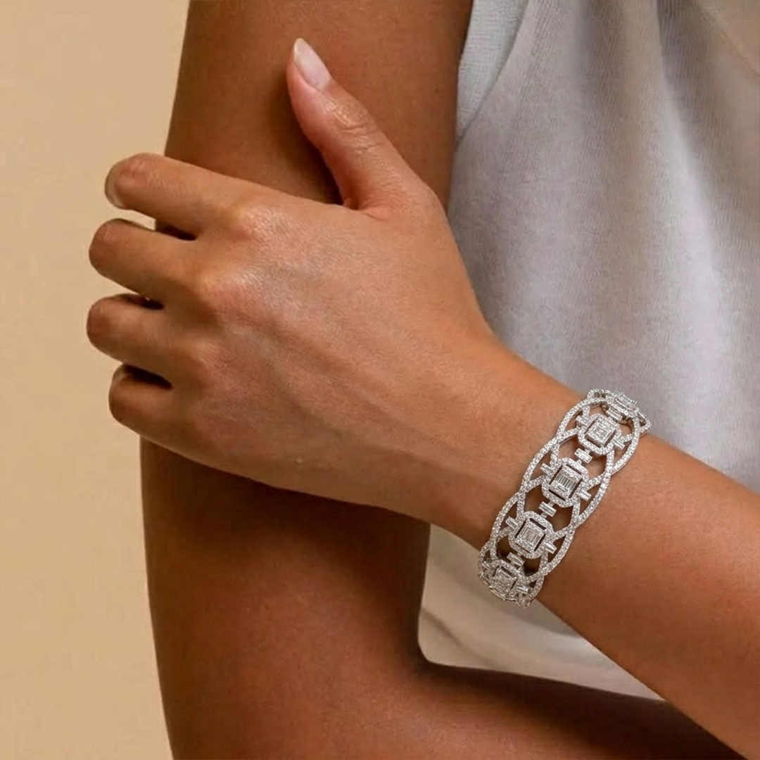Baguette & Round Diamond Openwork Bangle in 18K White Gold - Image 2
