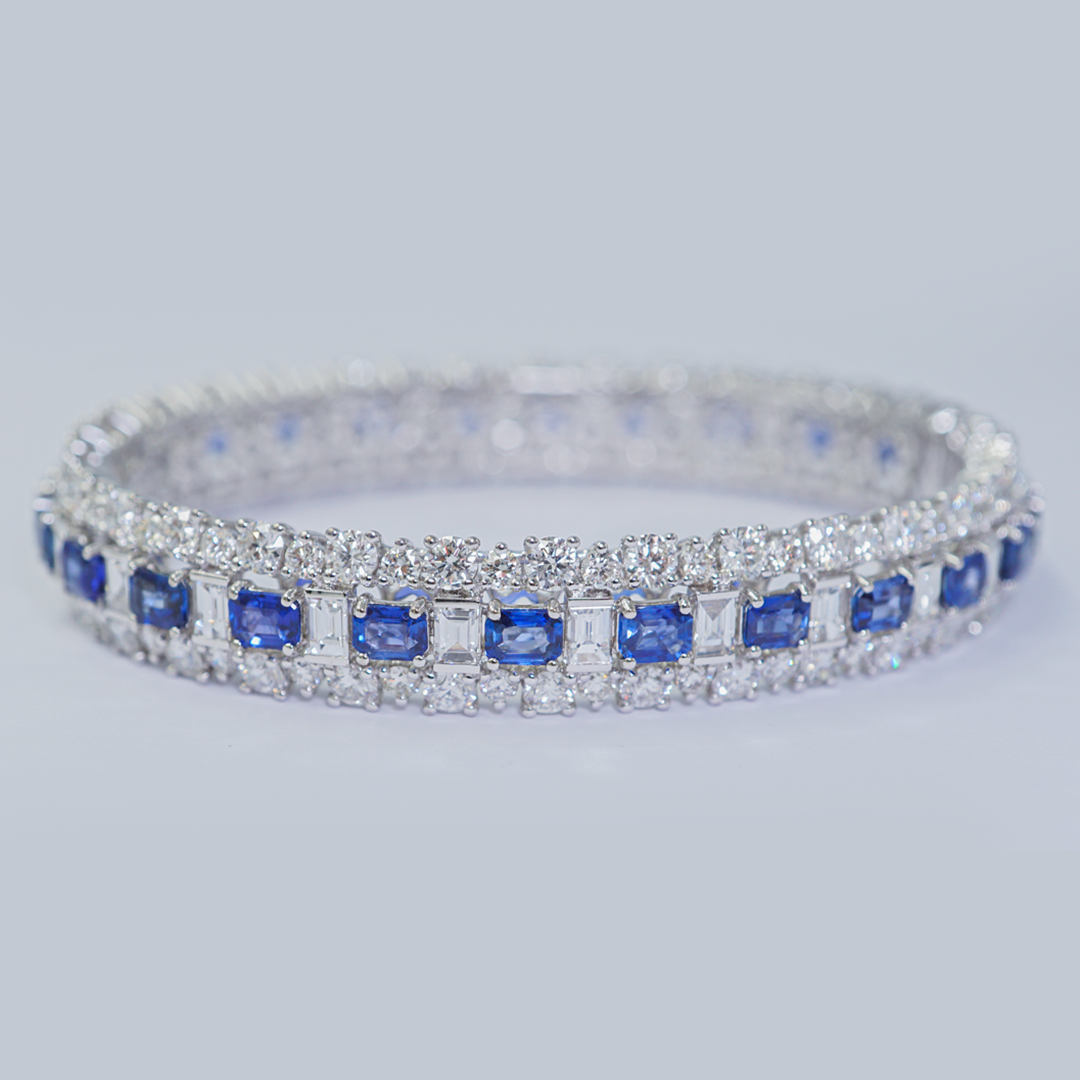 Sapphire & Diamond Three-Row Bangle Bracelet in 18K White Gold