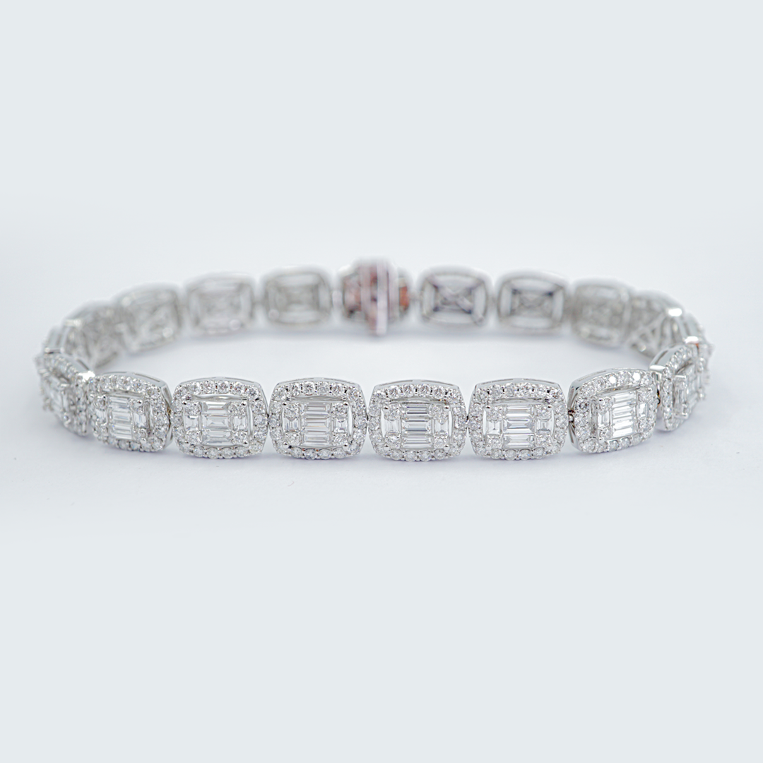Baguette & Round Diamond Wide Bracelet in 18K White Gold