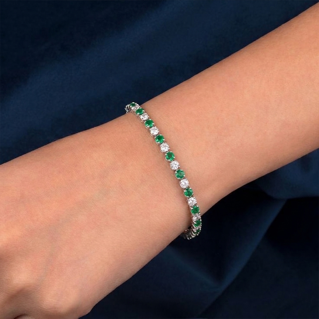 Emerald & Diamond Tennis Bracelet in 18K White Gold - Image 2