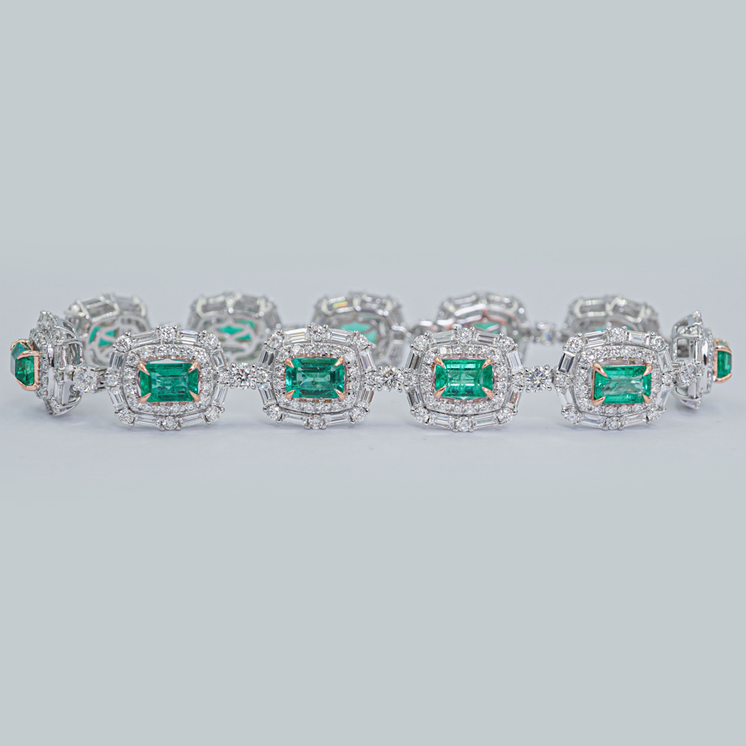 Emerald, Baguette & Round Diamond Bracelet in 18K White & Rose Gold