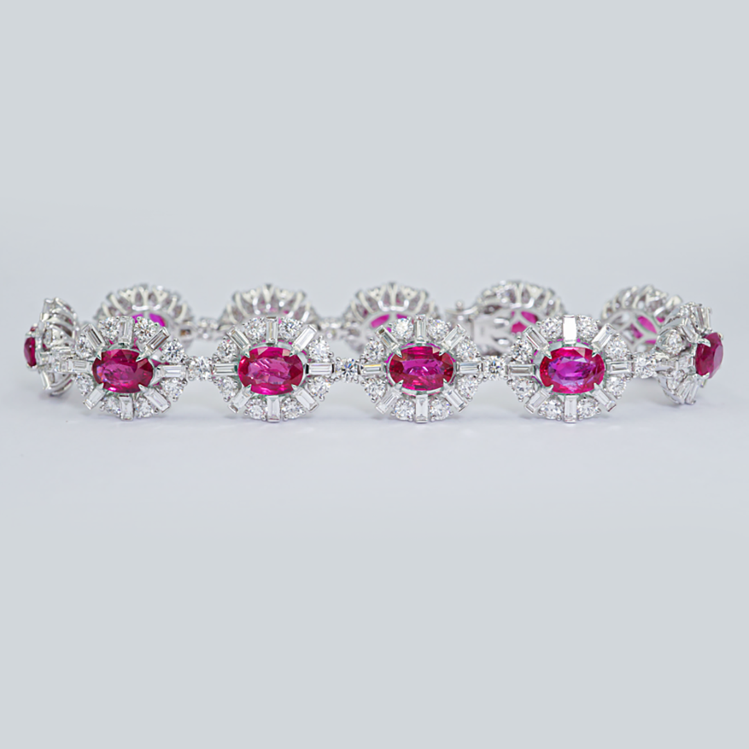 Ruby, Baguette & Round Diamond Bracelet in 18K White Gold