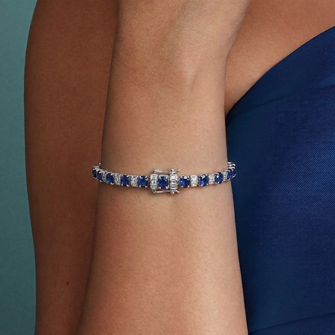 Sapphire & Baguette Diamond Bracelet in 18K White Gold - Image 2
