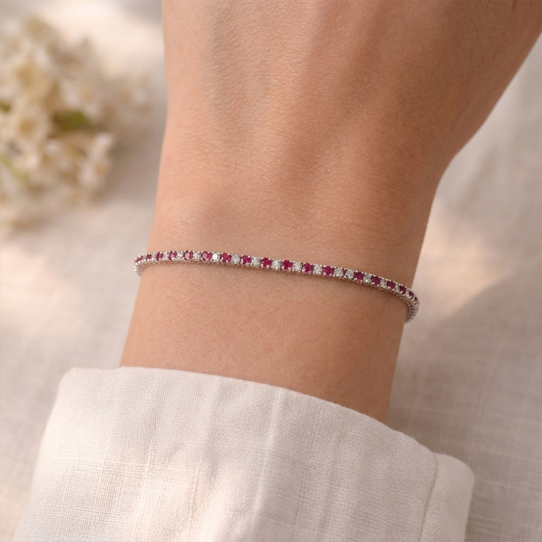 Ruby & Diamond Tennis Bracelet in 18K White Gold - Image 2