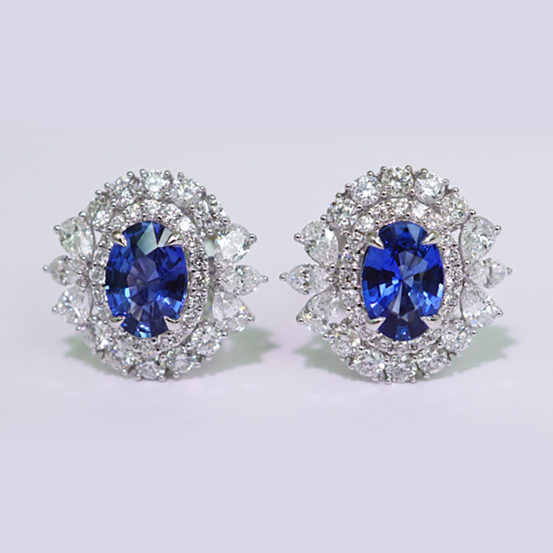 Sapphire & Diamond Cluster Stud Earrings in 18K White Gold