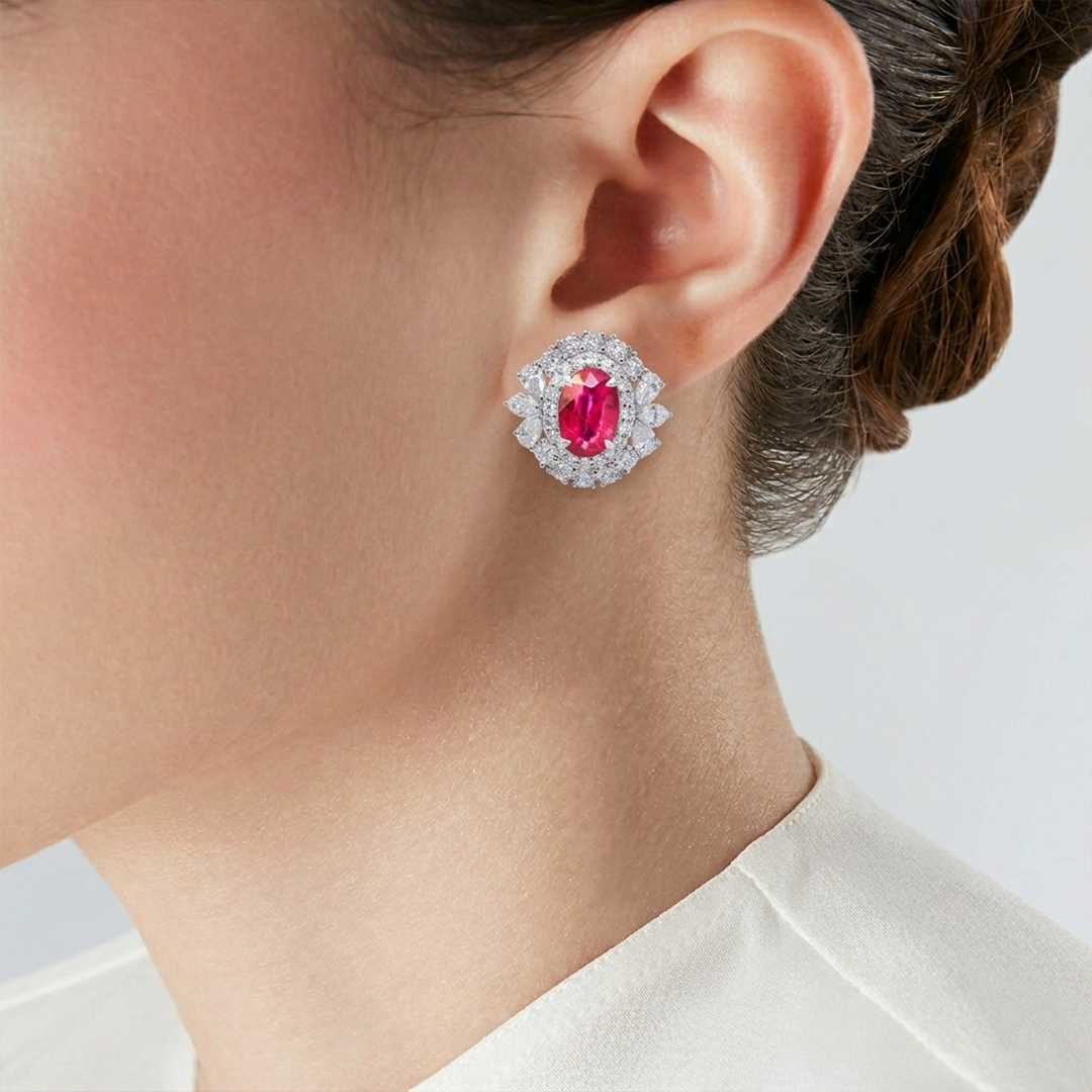 Sapphire & Diamond Cluster Stud Earrings in 18K White Gold - Image 2
