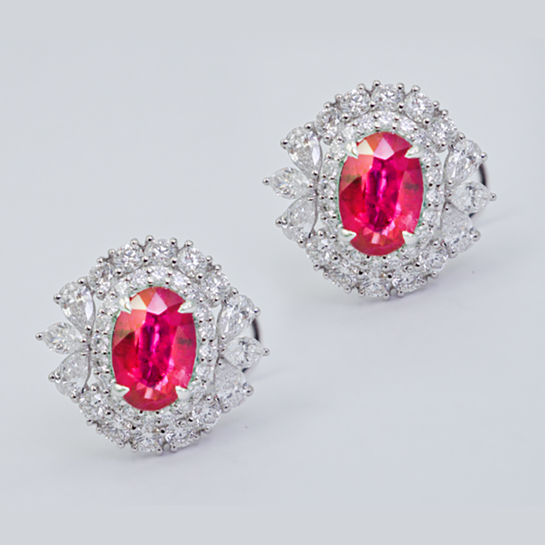 Sapphire & Diamond Cluster Stud Earrings in 18K White Gold