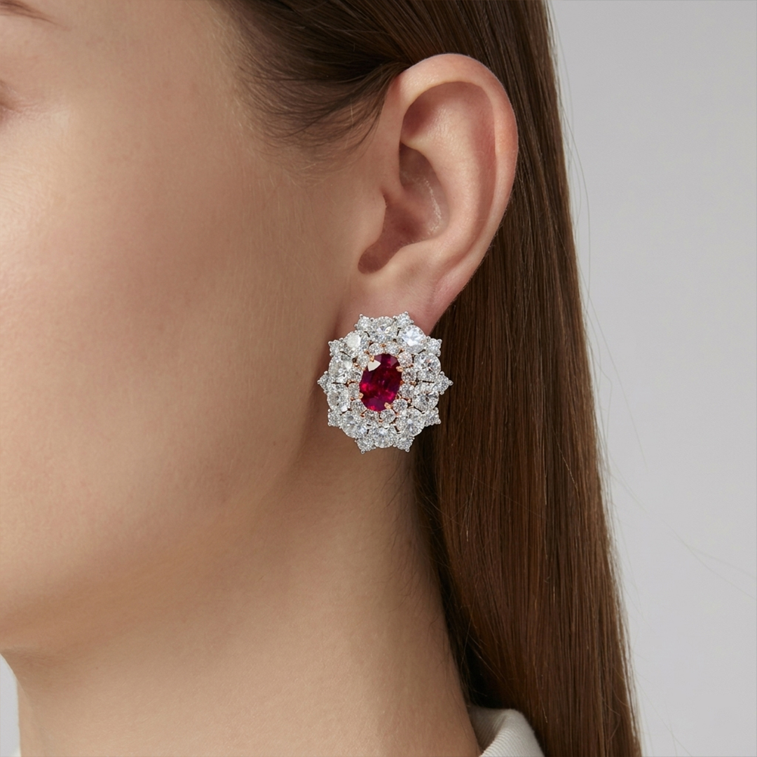 Ruby & Diamond Cluster Earrings in 18K White & Rose Gold - Image 2