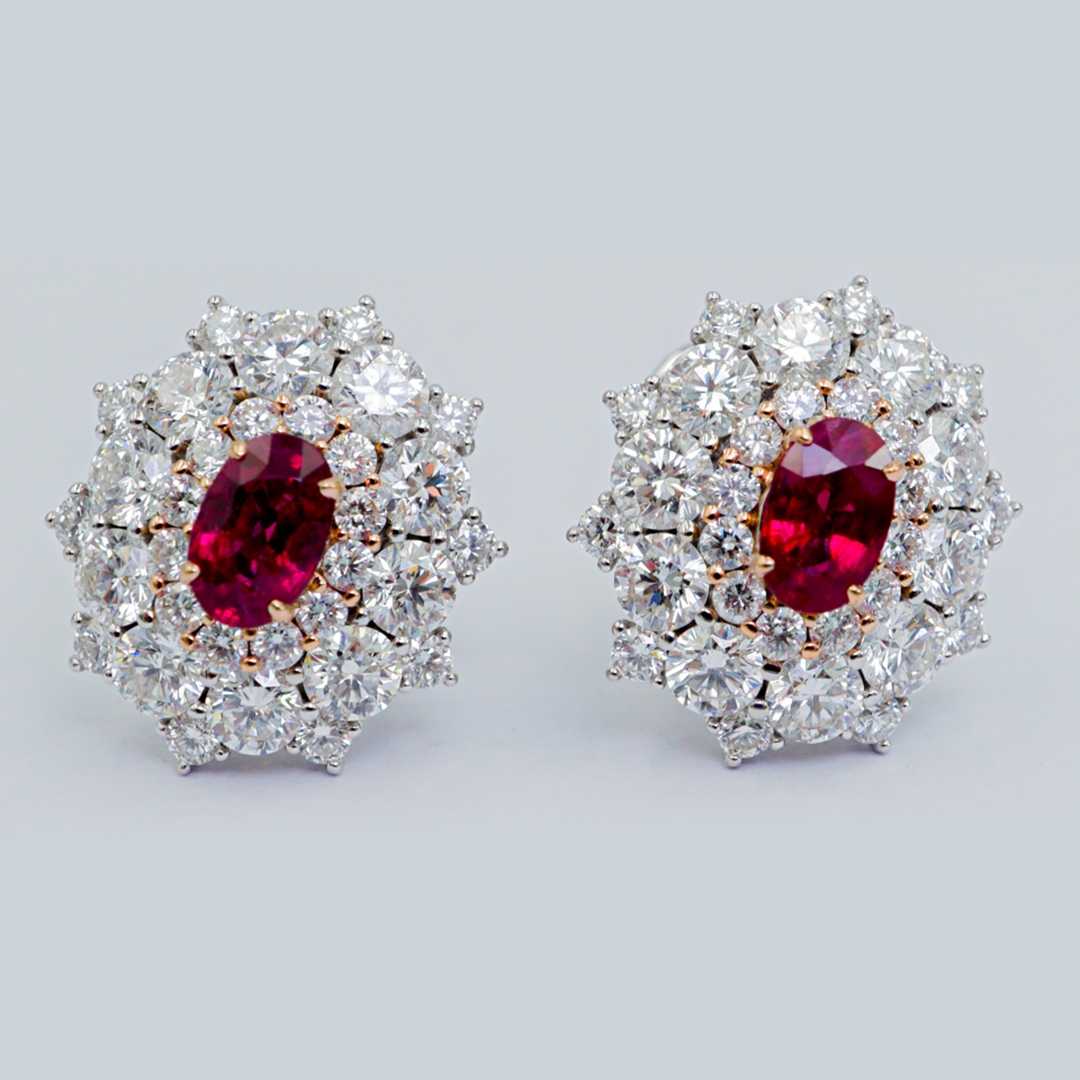 Ruby & Diamond Cluster Earrings in 18K White & Rose Gold