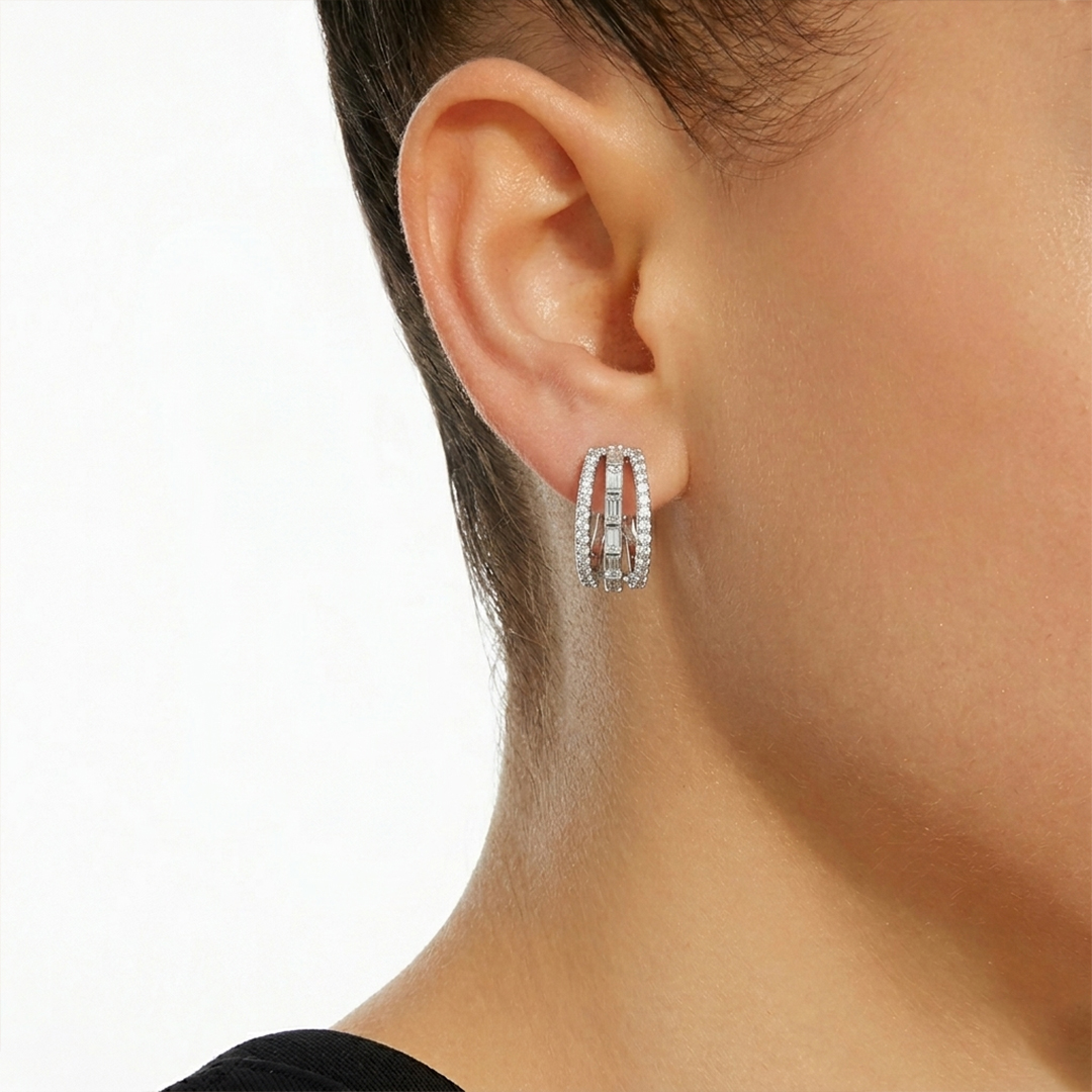 Baguette & Round Diamond Three-Row Hoop Earrings in 18K White Gold - Image 2