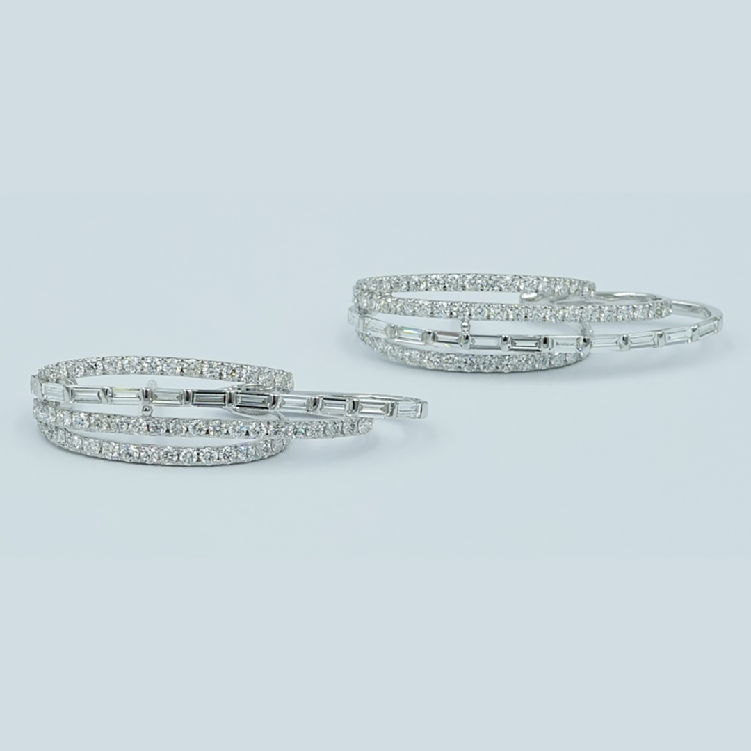 Baguette & Round Diamond Three-Row Hoop Earrings in 18K White Gold