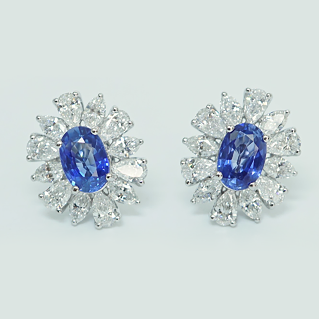 Sapphire & Diamond Cluster Stud Earrings in 18K White Gold