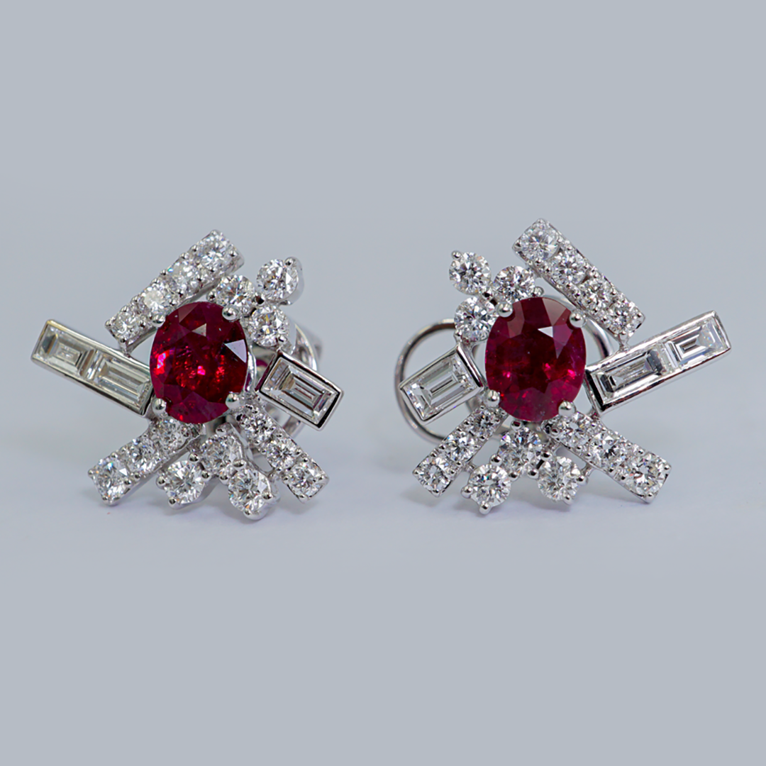 Ruby & Diamond Bar Drop Earrings in 18K White Gold