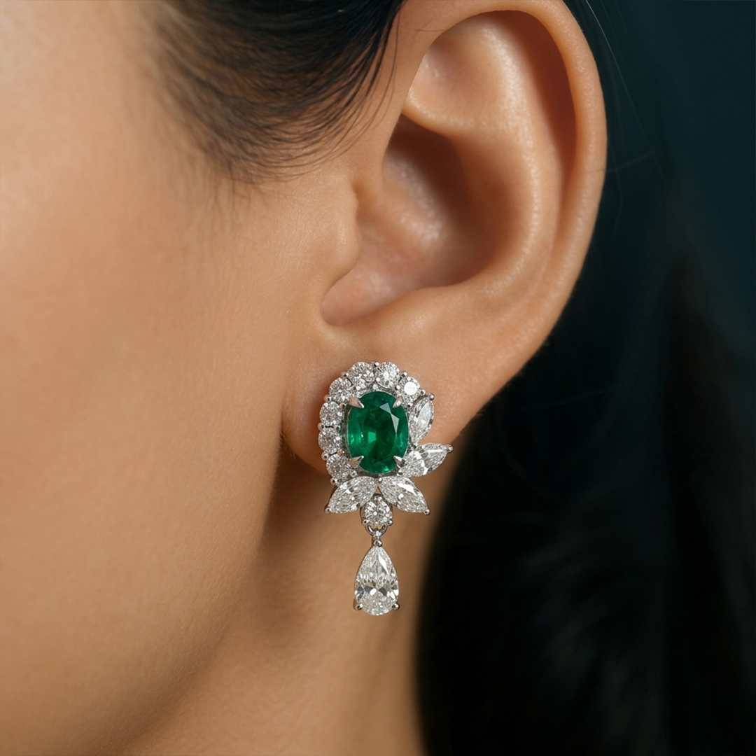 Emerald & Diamond Drop Earrings in 18K White Gold - Image 2