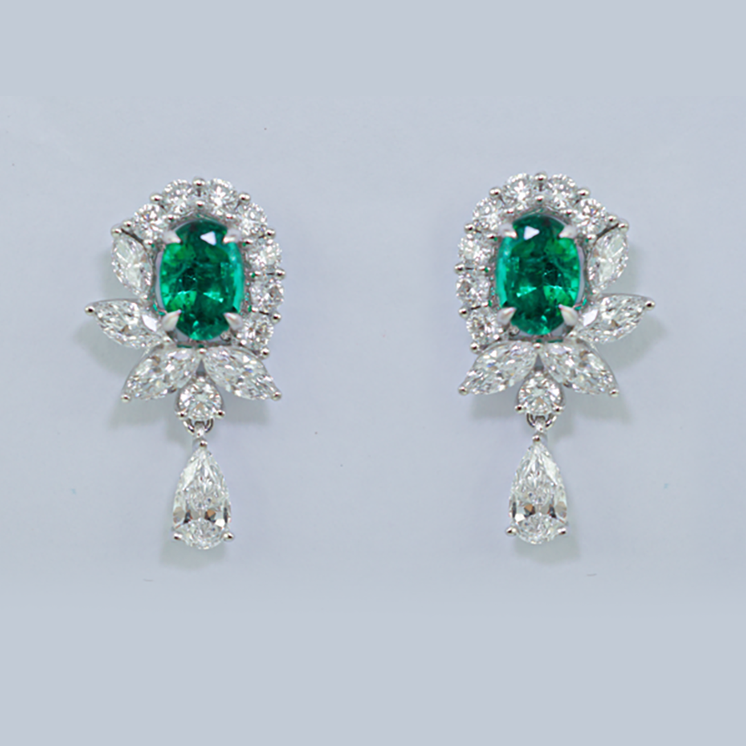 Emerald & Diamond Drop Earrings in 18K White Gold