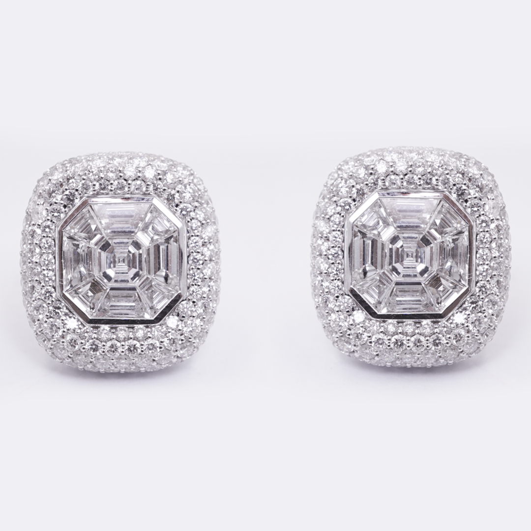 Asscher-Cut & Round Diamond Stud Earrings in 18K White Gold