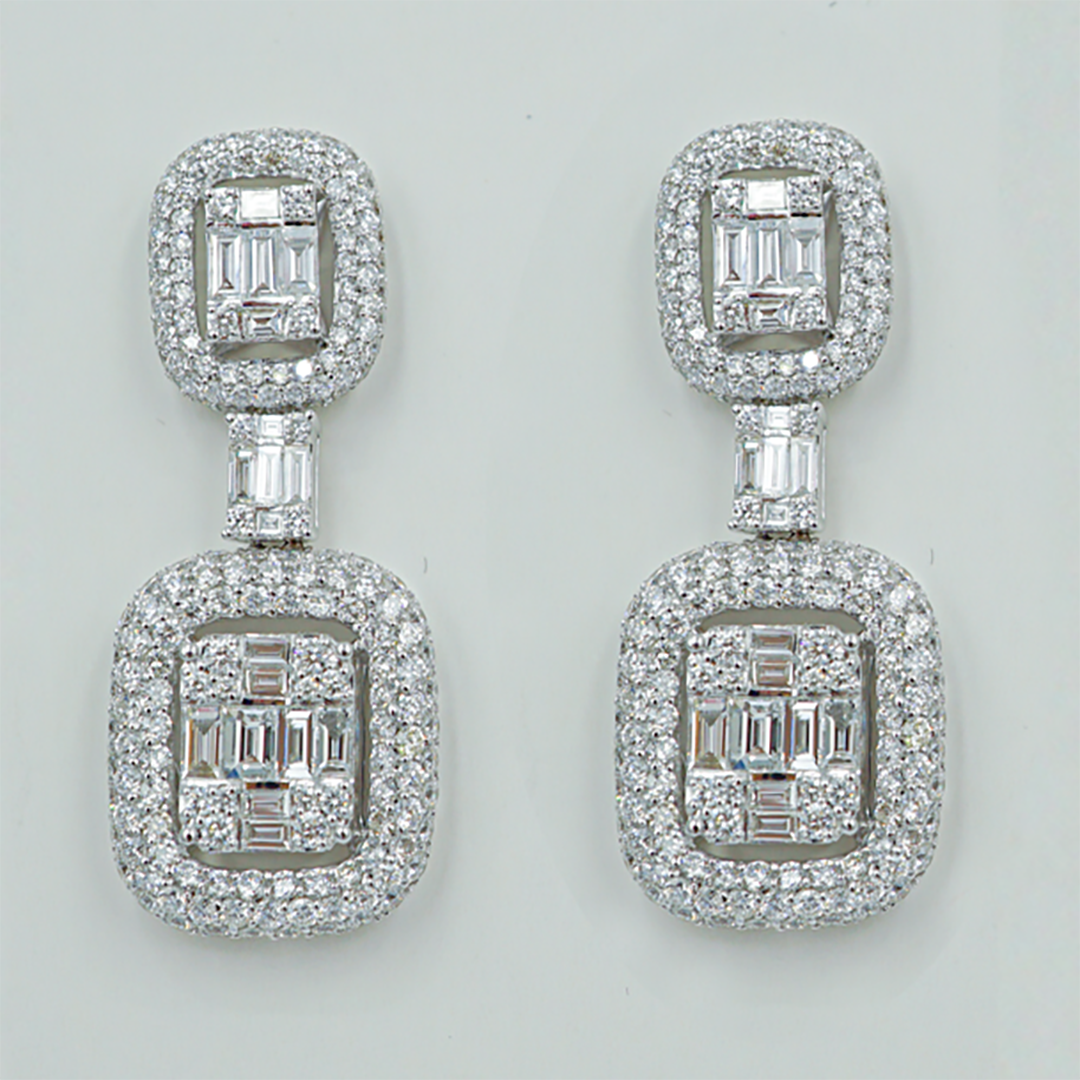 Baguette & Round Diamond Statement Studs in 18K White Gold