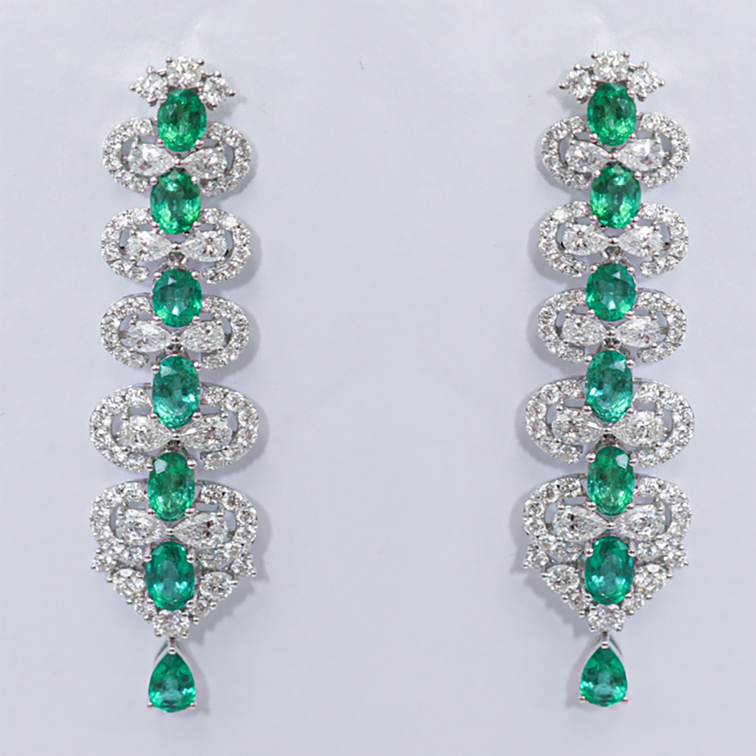 Emerald & Diamond Multi-Drop Earrings in 18K White Gold