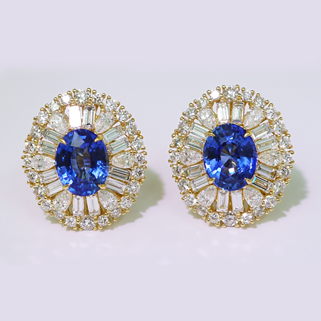 Sapphire & Diamond Cluster Stud Earrings in 18K Yellow Gold