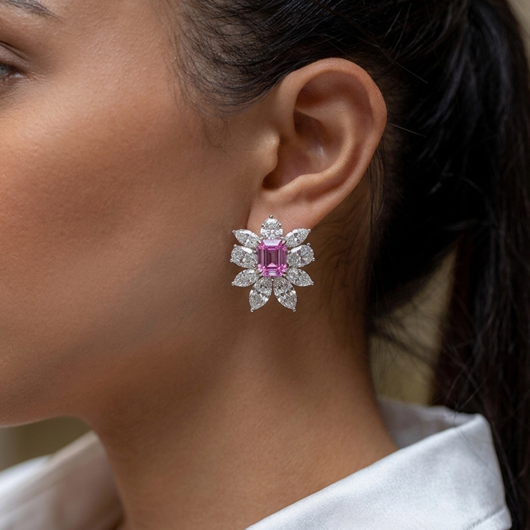 Pink Sapphire & Diamond Cluster Earrings in 18K White Gold - Image 2