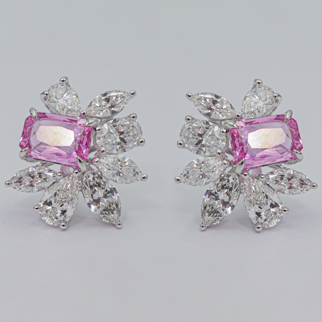 Pink Sapphire & Diamond Cluster Earrings in 18K White Gold
