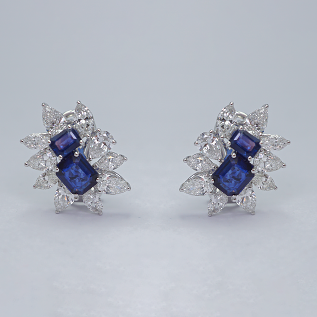 Sapphire & Diamond Cluster Stud Earrings in 18K White Gold