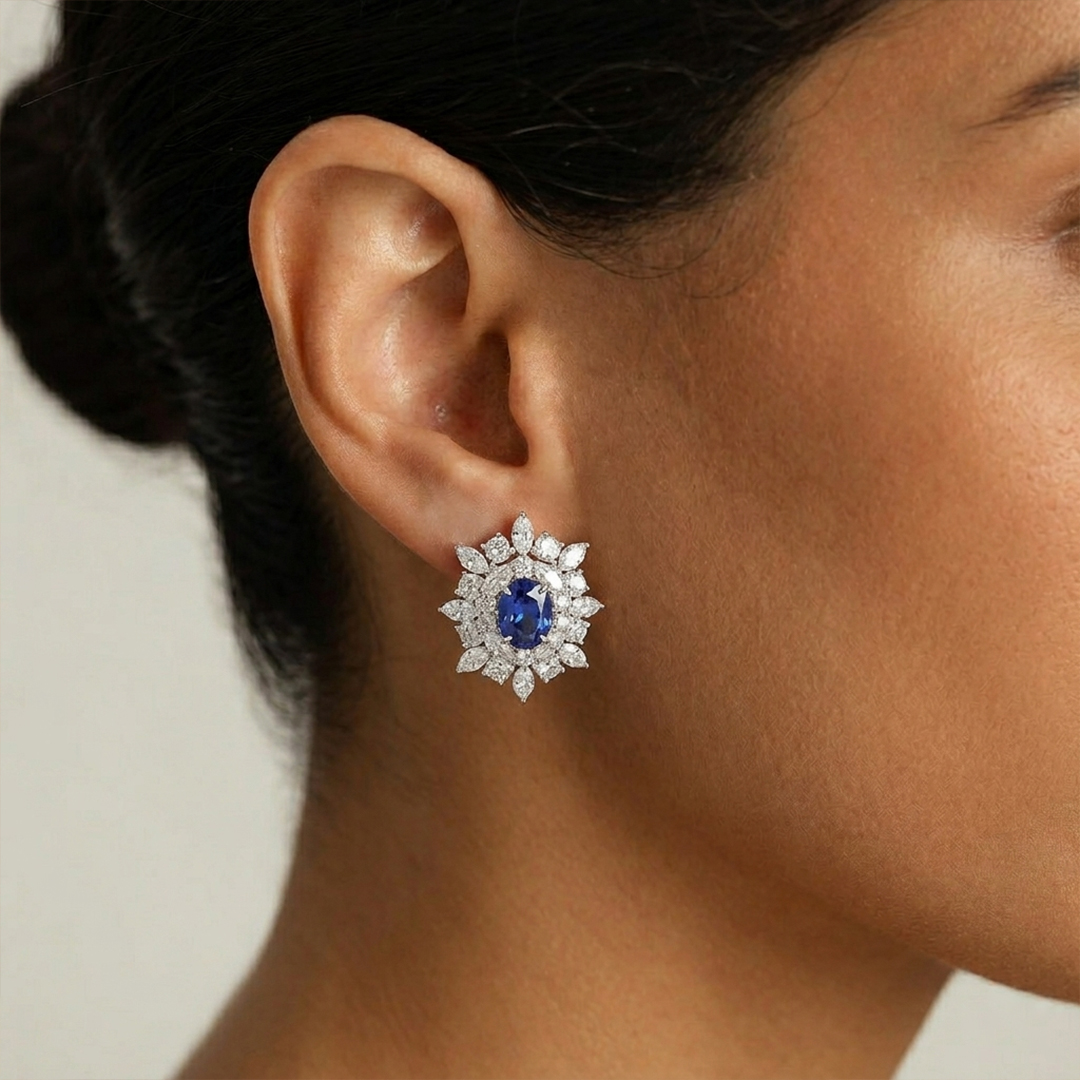 Sapphire & Diamond Cluster Stud Earrings in 18K White Gold - Image 2