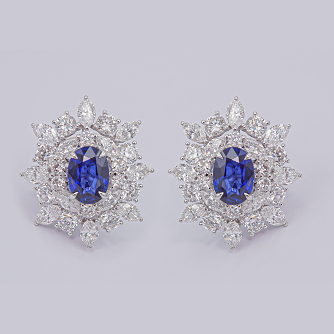 Sapphire & Diamond Cluster Stud Earrings in 18K White Gold