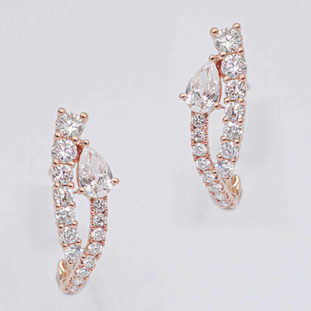 Pear & Round Diamond Open-Hoop Earrings in 18K Rose Gold