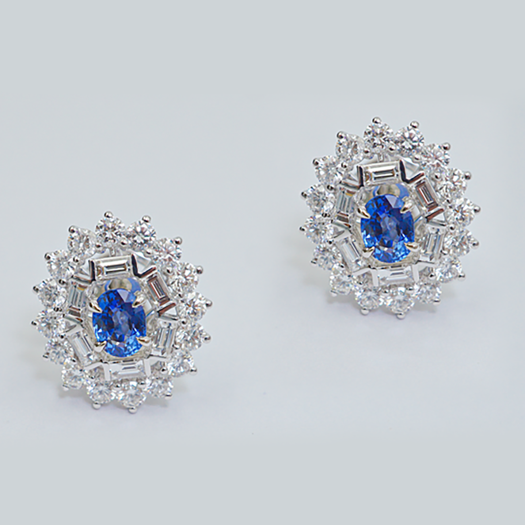 Sapphire, Baguette & Diamond Stud Earrings in 18K White Gold