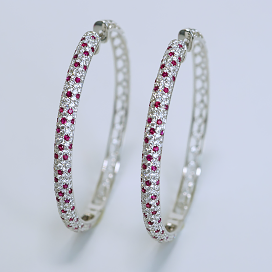 Ruby & Diamond Inside-Outside Hoop Earrings in 18K White Gold
