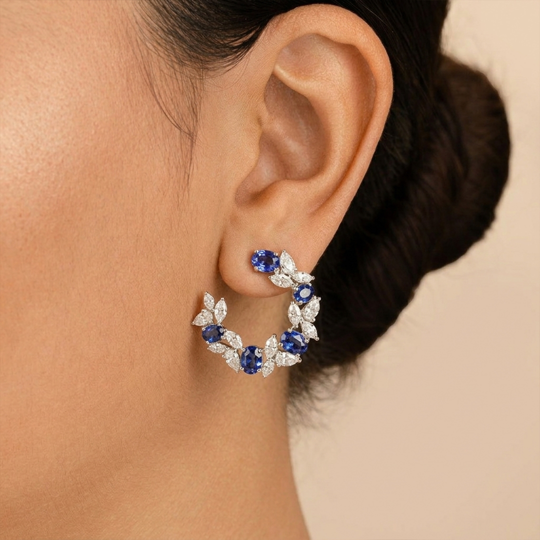 Sapphire, Marquise & Pear Diamond Cluster Earrings in 18K White Gold - Image 2