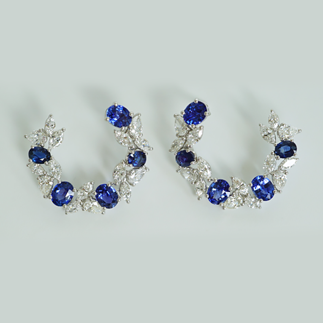 Sapphire, Marquise & Pear Diamond Cluster Earrings in 18K White Gold