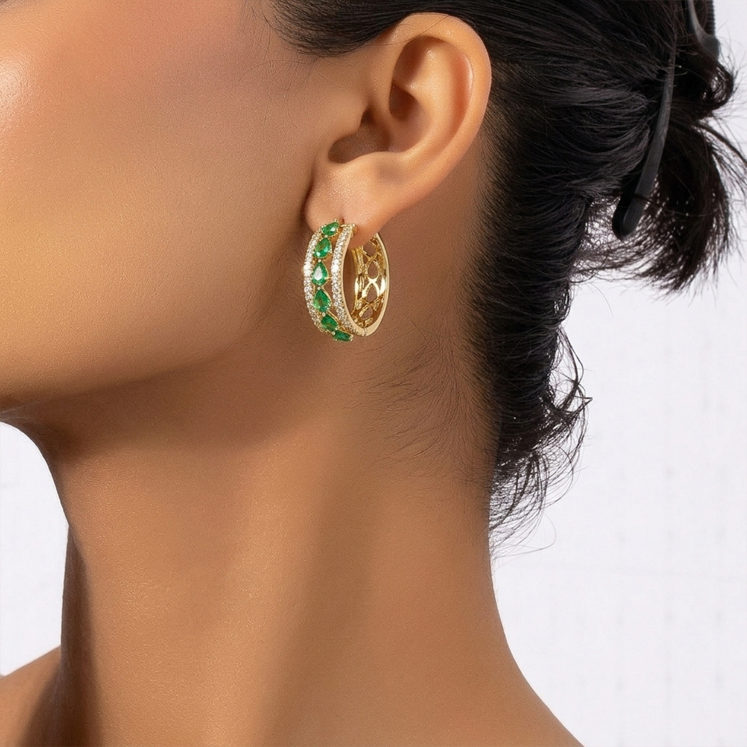 Emerald & Diamond Halo Earrings in 18K Rose Gold - Image 2