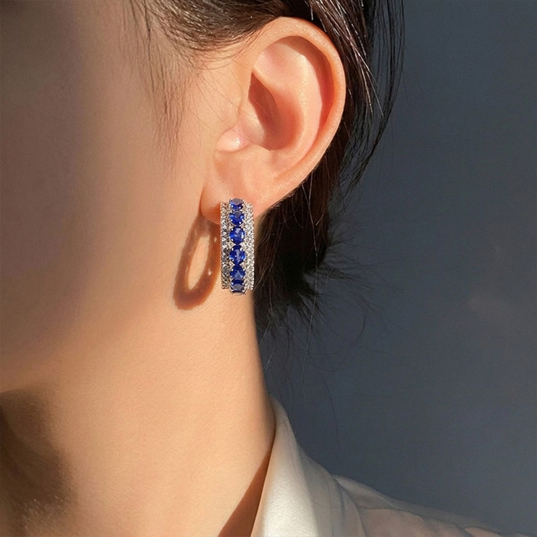 Sapphire & Diamond Halo Earrings in 18K White Gold - Image 2
