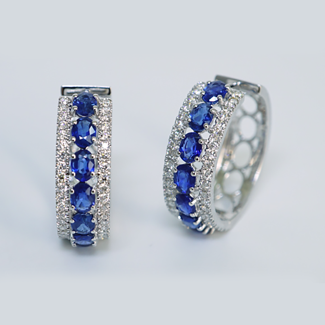Sapphire & Diamond Halo Earrings in 18K White Gold