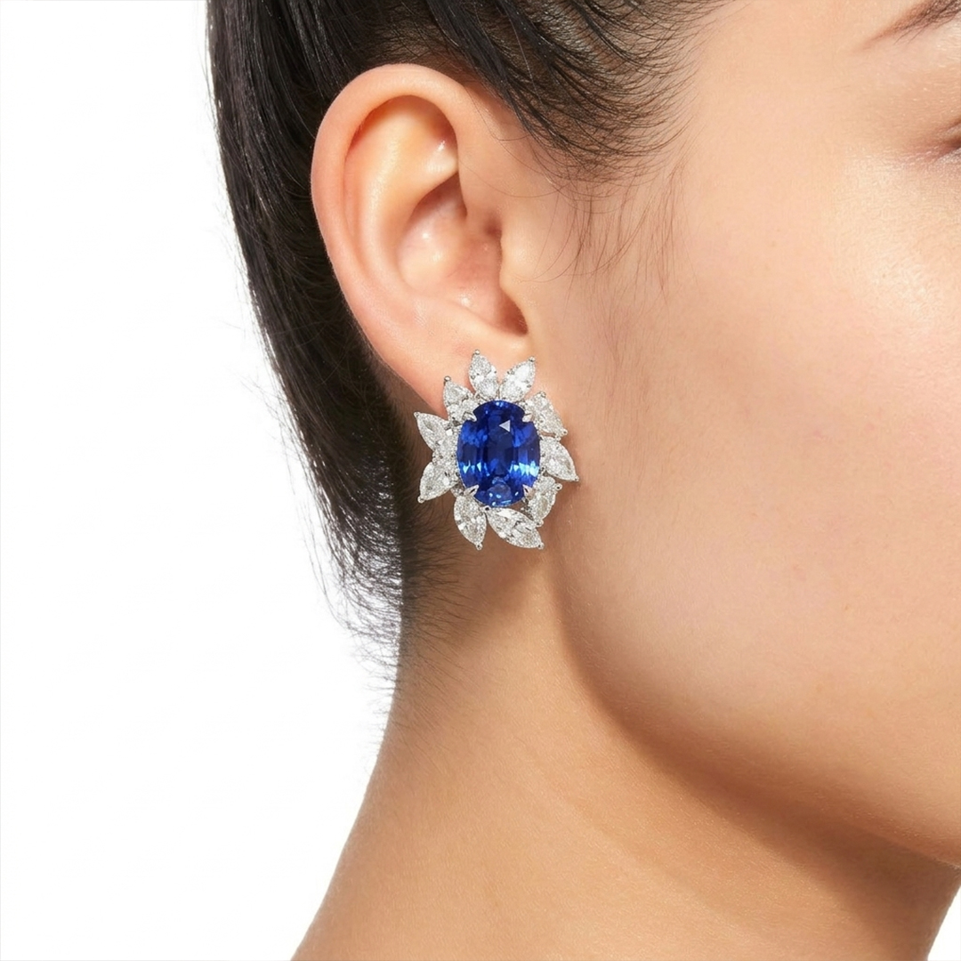 Sapphire, Pear & Marquise Diamond Earrings in 18K White Gold - Image 2