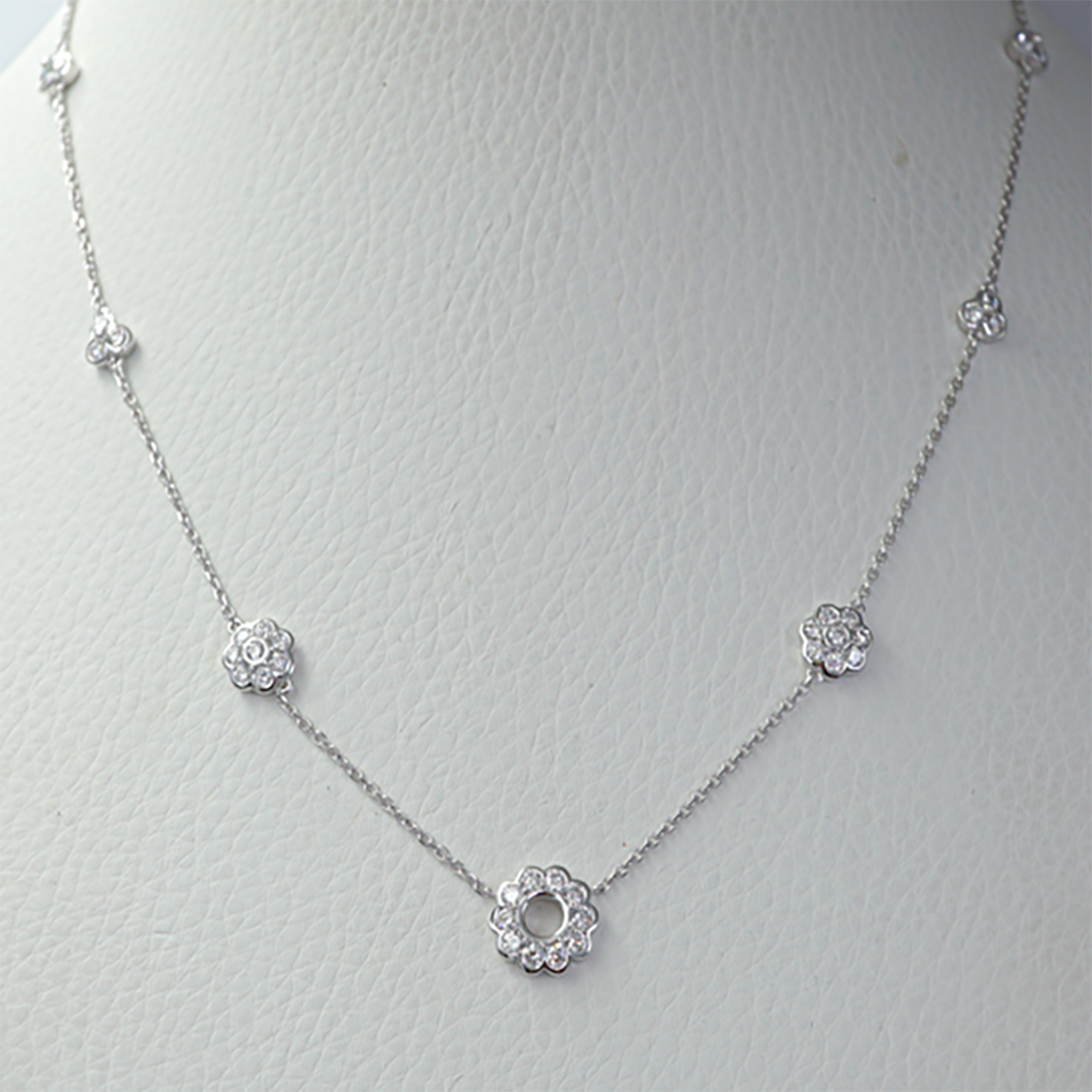 Round Diamond Station Necklace in 18K White Gold