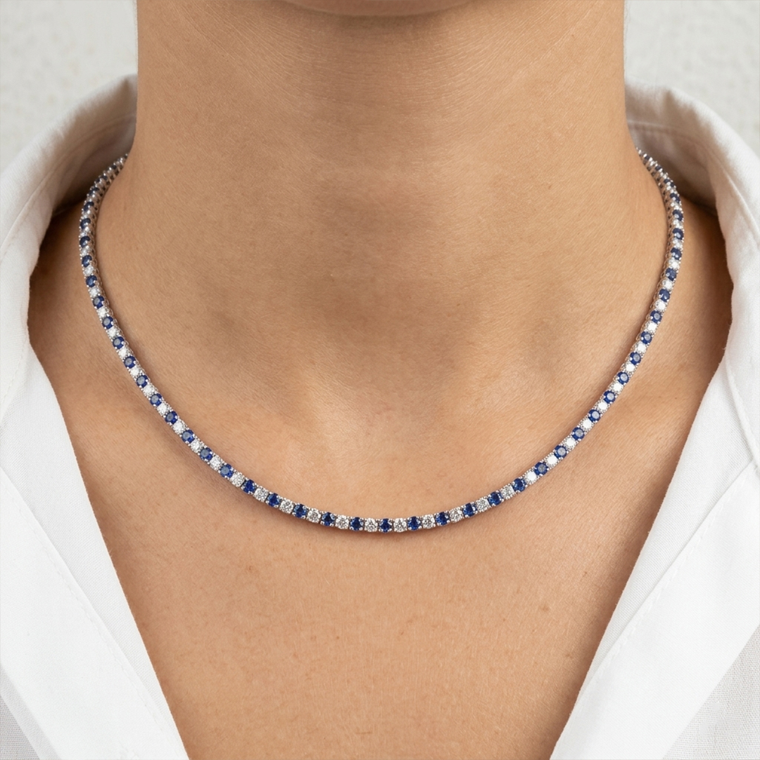 Alternating Sapphire & Diamond Tennis Necklace in 18K White Gold - Image 2