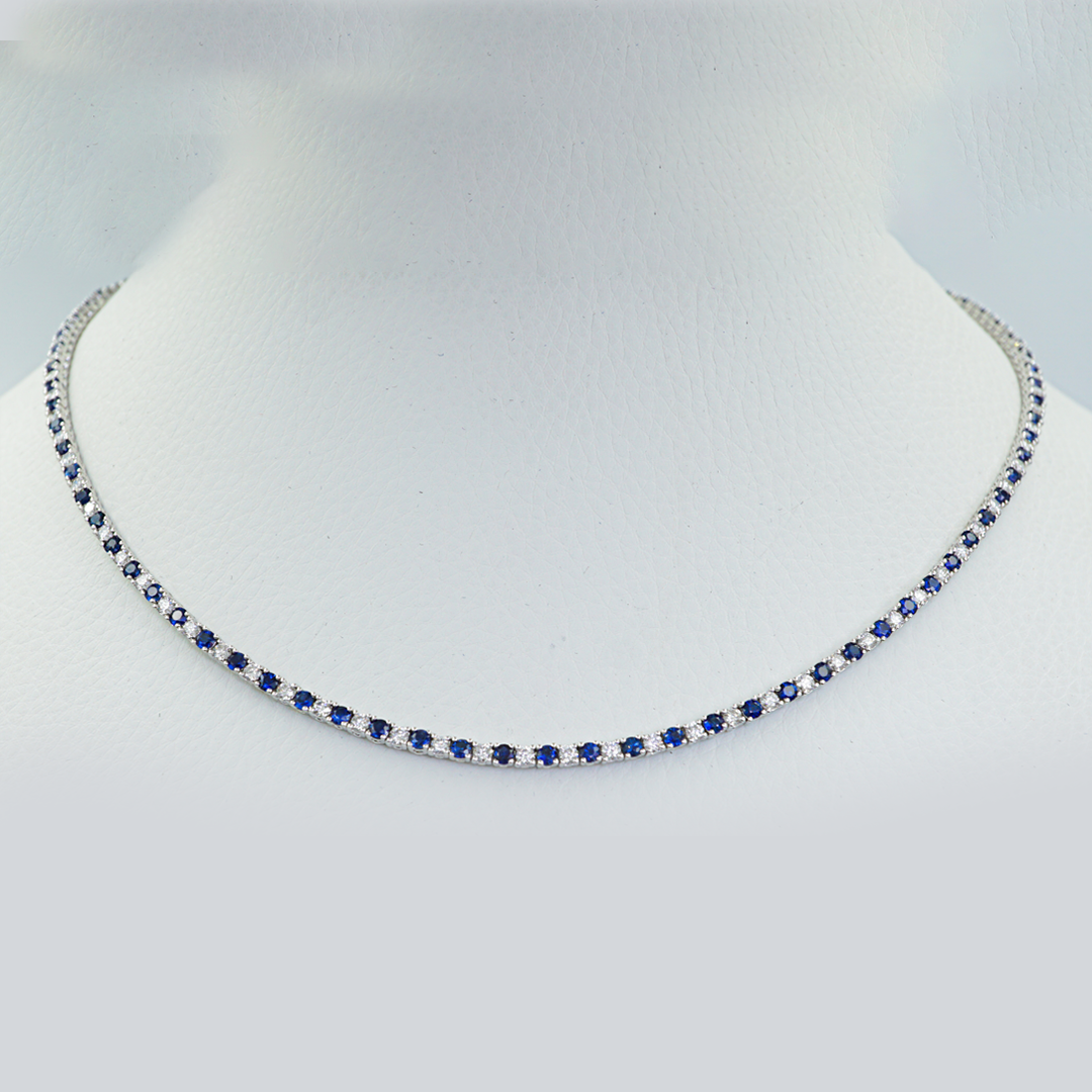 Alternating Sapphire & Diamond Tennis Necklace in 18K White Gold