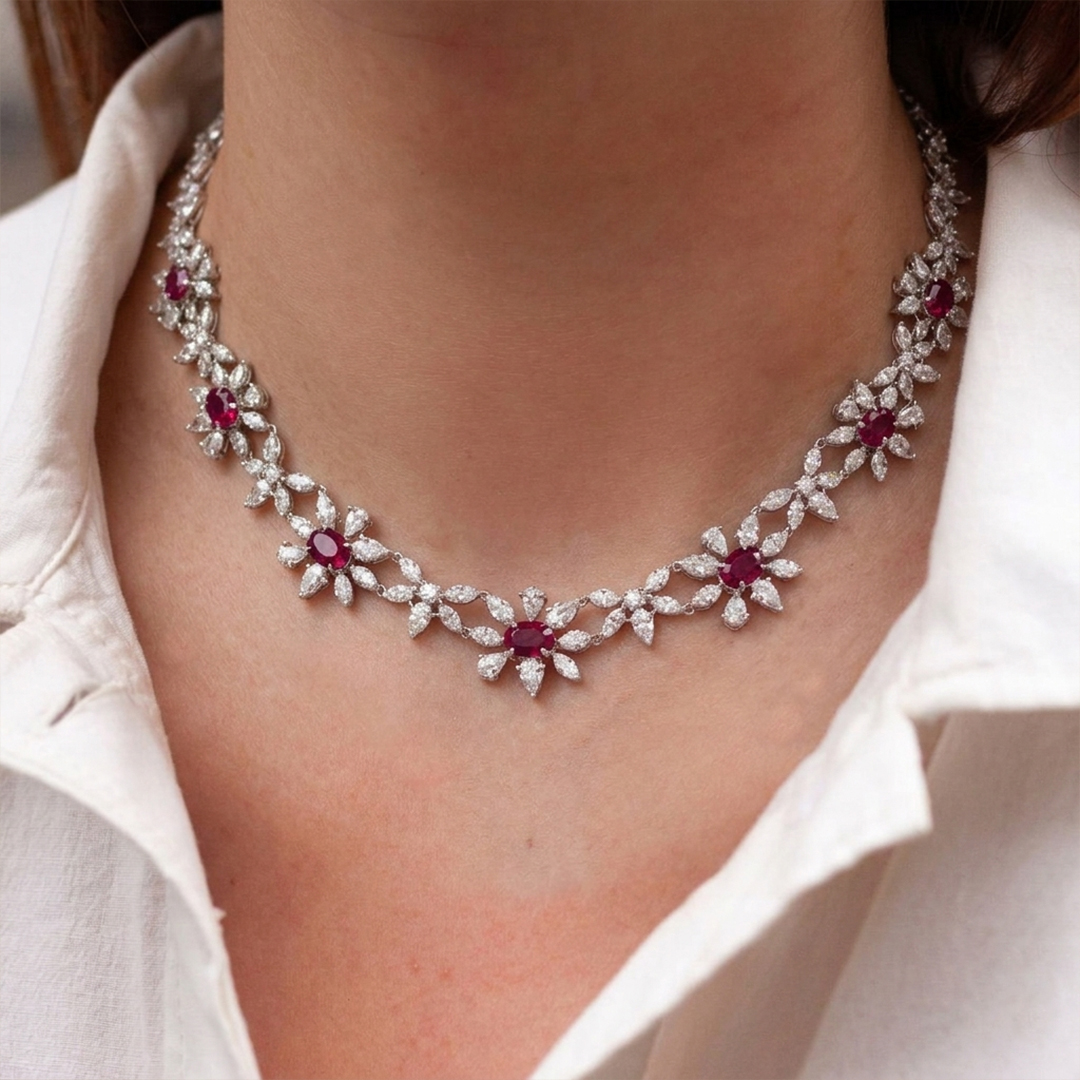 Ruby & Diamond Floral Statement Necklace in 18K White Gold - Image 2