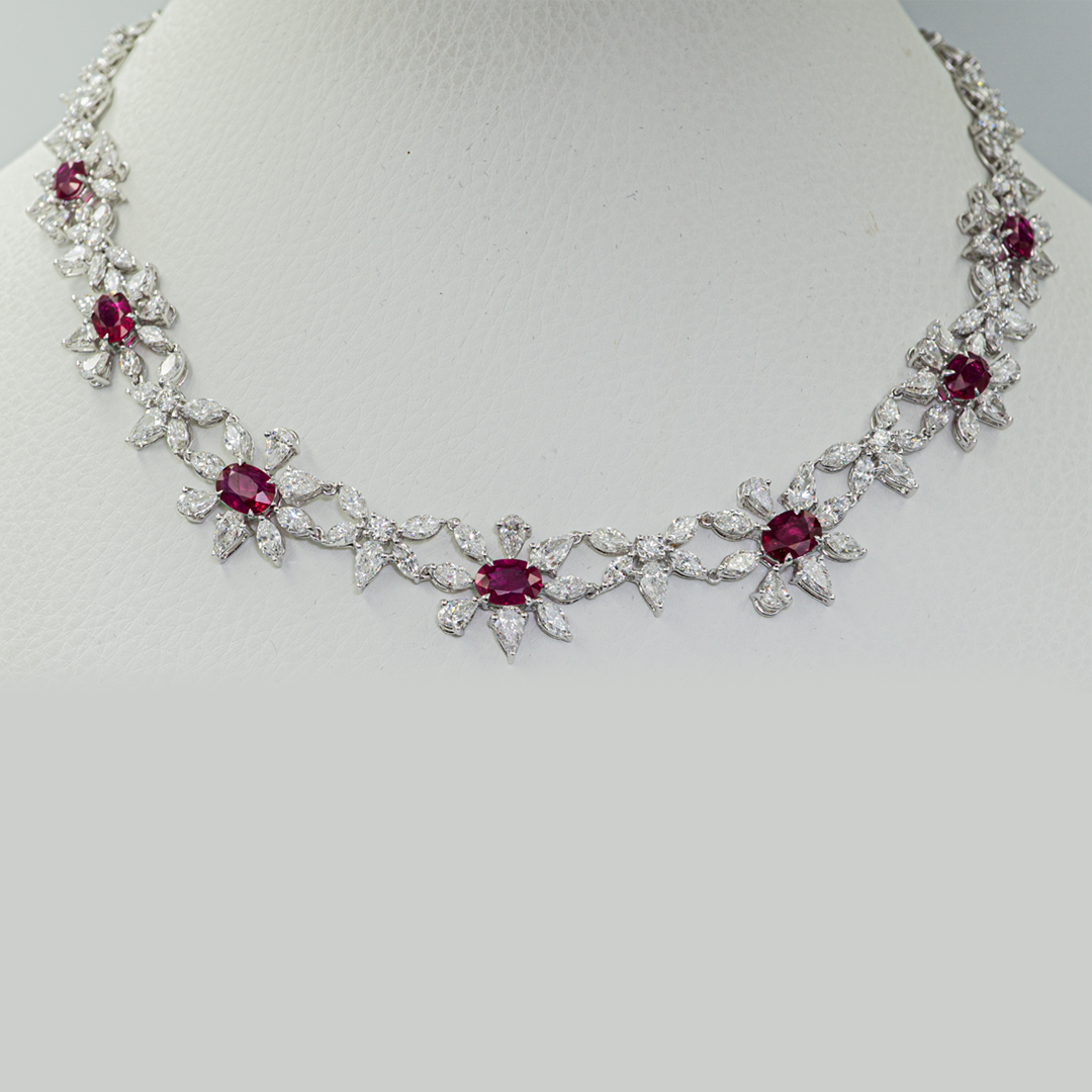 Ruby & Diamond Floral Statement Necklace in 18K White Gold