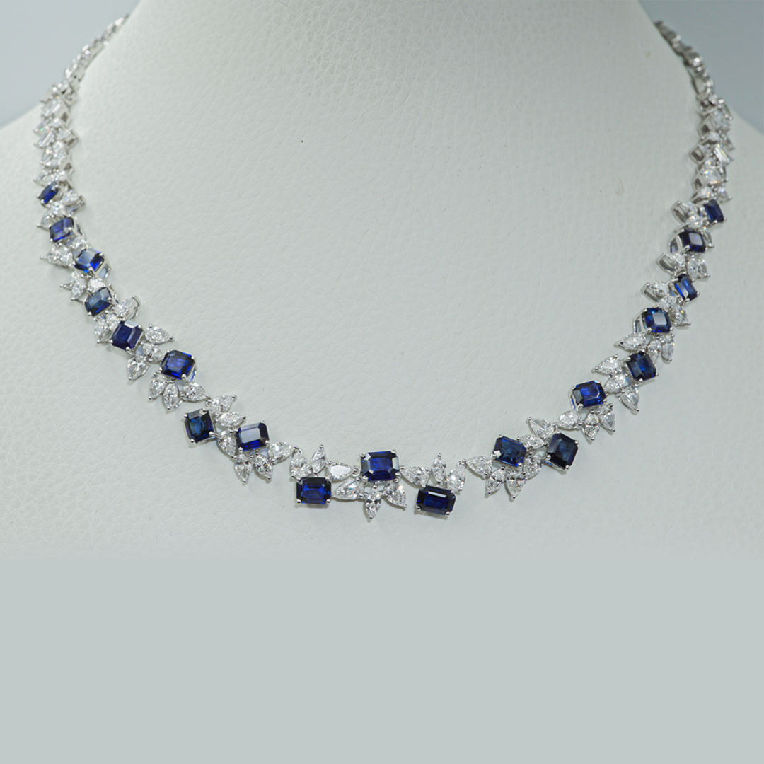 Sapphire & Diamond Floral Statement Necklace in 18K White Gold