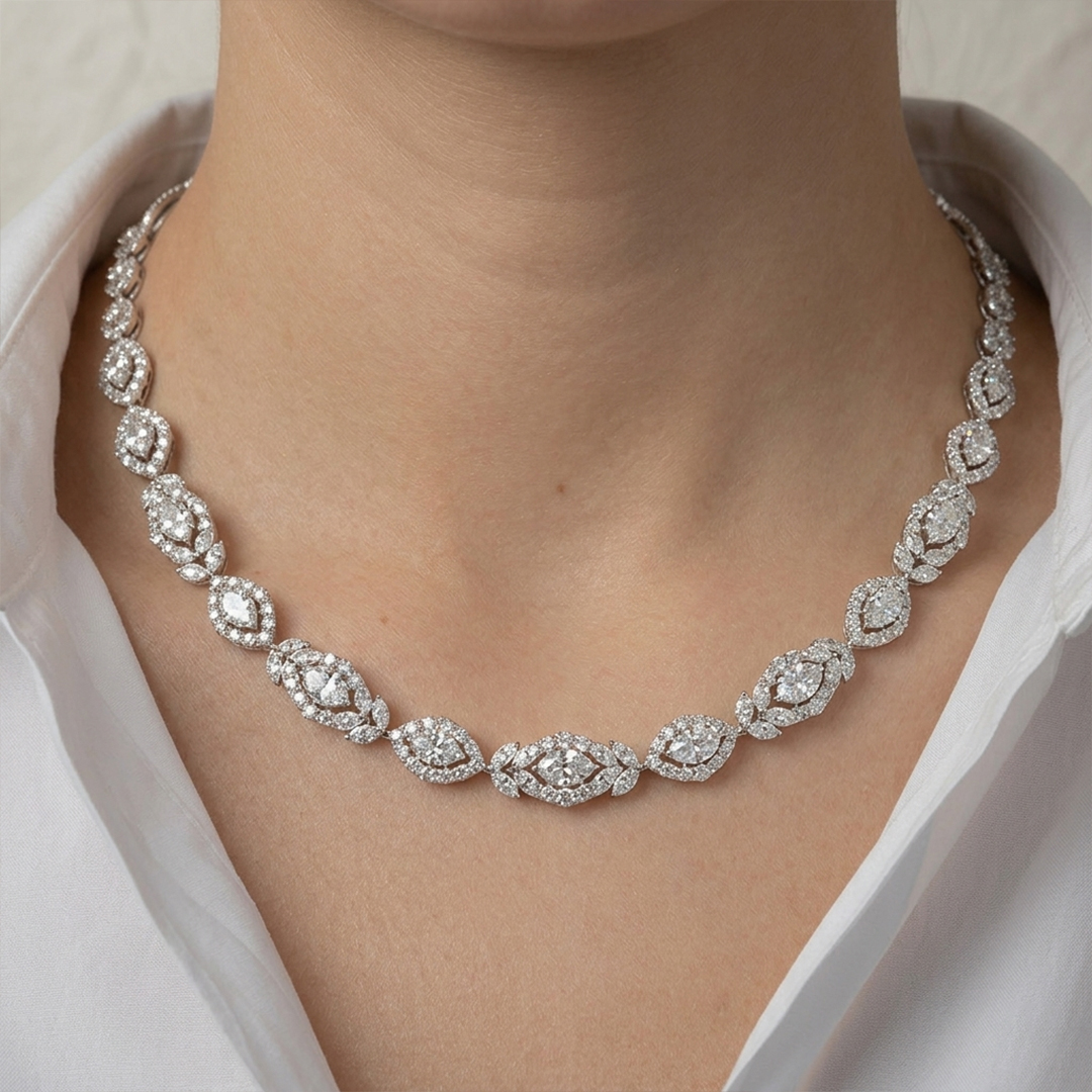 Marquise, Round & Princess Diamond Statement Necklace in 18K White Gold - Image 2