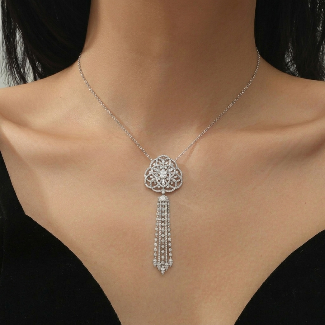 GIA-Certified Diamond & Sapphire Statement Necklace in 18K White Gold - Image 2