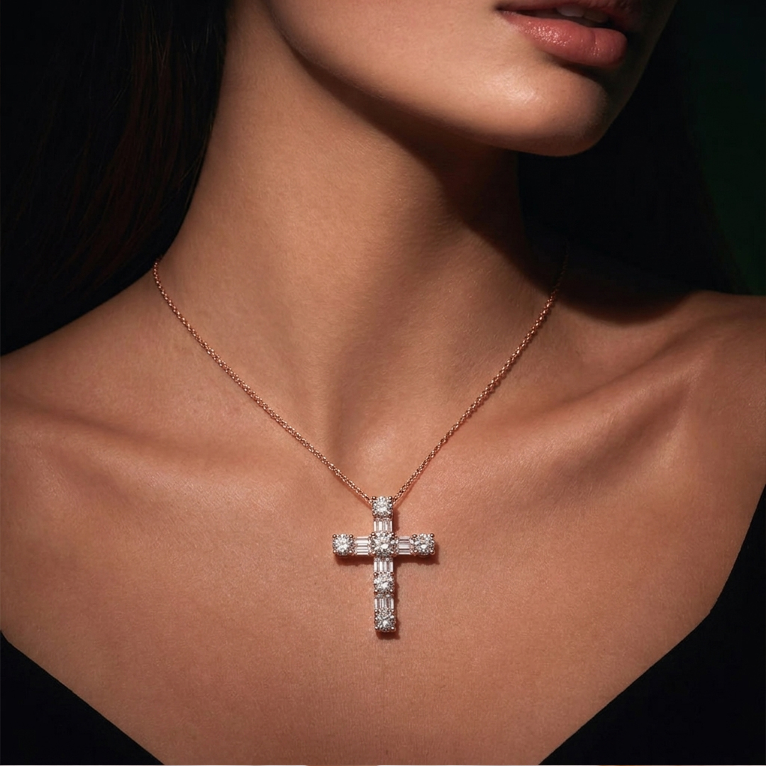 Diamond Cross Pendant in 18K Rose Gold - Image 2