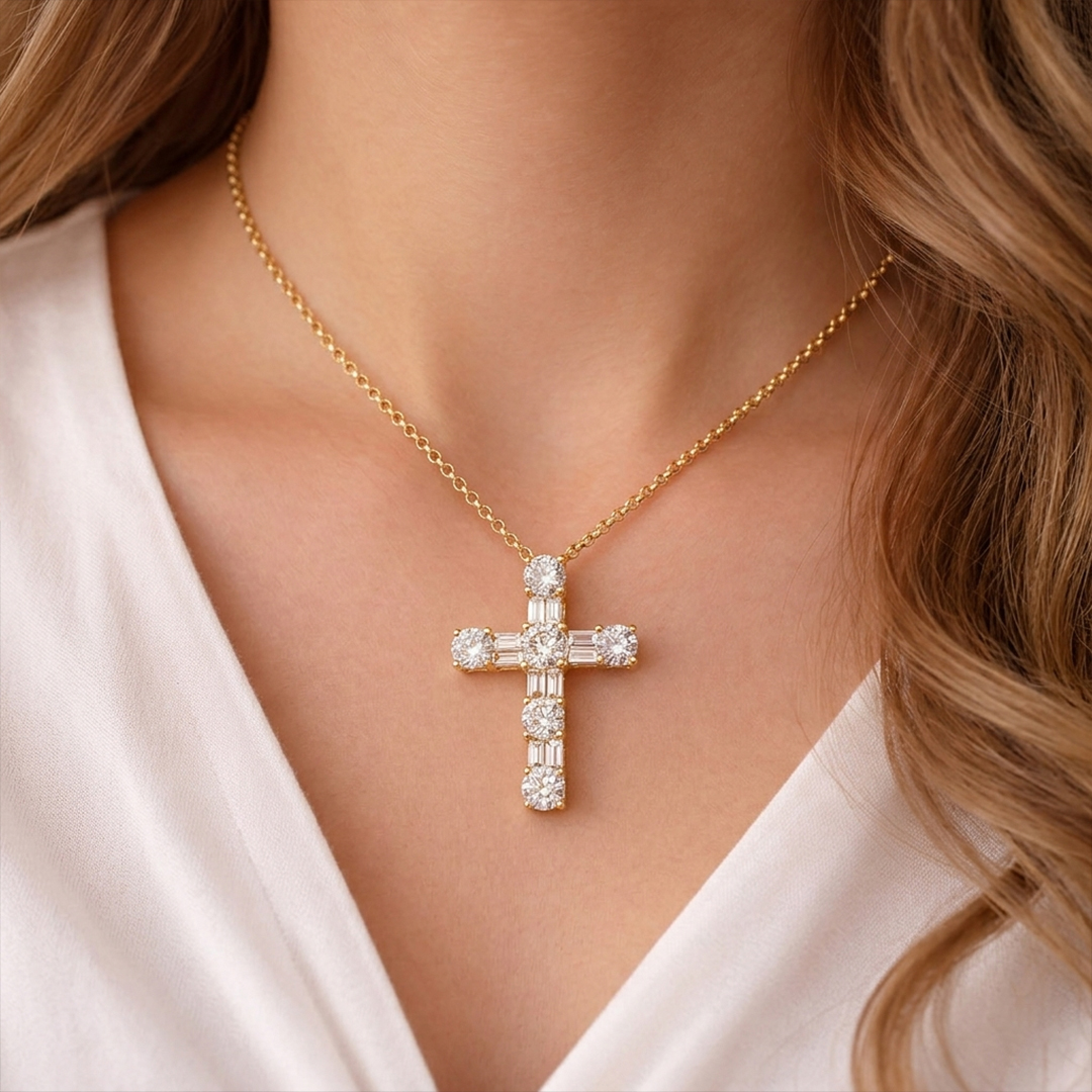 Diamond Cross Pendant in 18K Yellow Gold - Image 2